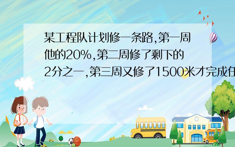 某工程队计划修一条路,第一周他的20%,第二周修了剩下的2分之一,第三周又修了1500米才完成任务.这条路长多少米?     要过程