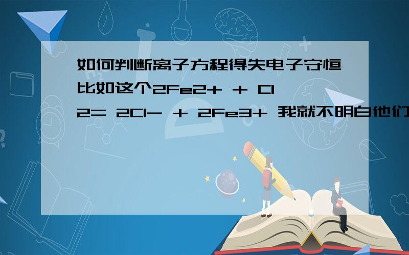 如何判断离子方程得失电子守恒比如这个2Fe2+ + Cl2= 2Cl- + 2Fe3+ 我就不明白他们怎么守衡了特别是那个fe