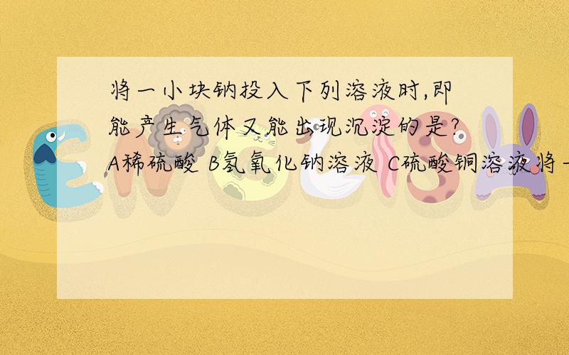 将一小块钠投入下列溶液时,即能产生气体又能出现沉淀的是?A稀硫酸 B氢氧化钠溶液 C硫酸铜溶液将一小块钠投入下列溶液时,即能产生气体又能出现沉淀的是?A稀硫酸 B氢氧化钠溶液 C硫酸铜