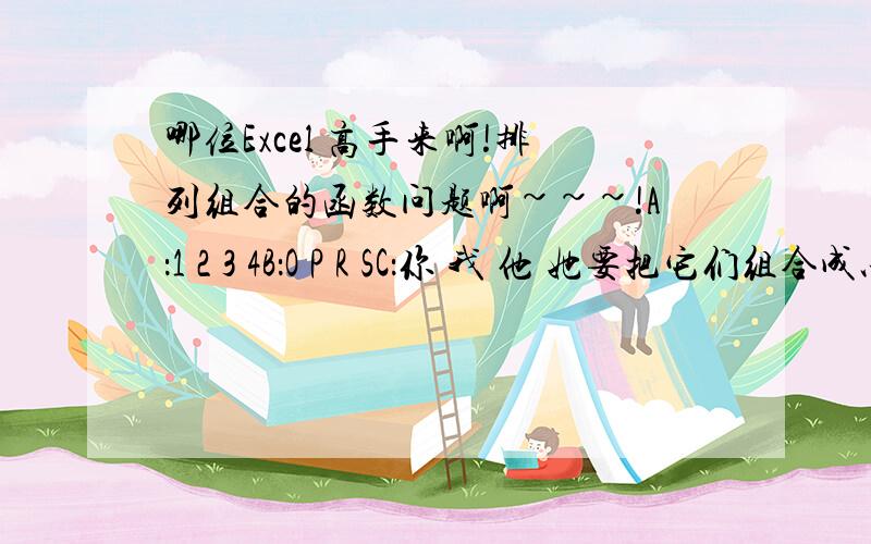 哪位Excel 高手来啊!排列组合的函数问题啊~~~!A：1 2 3 4B：O P R SC：你 我 他 她要把它们组合成以下的形式1 O 你     1 P 你 .1 O 我     1 P 我.1 O 他      ....就是A里每一个的和B,C里的每一个组合,但ABC