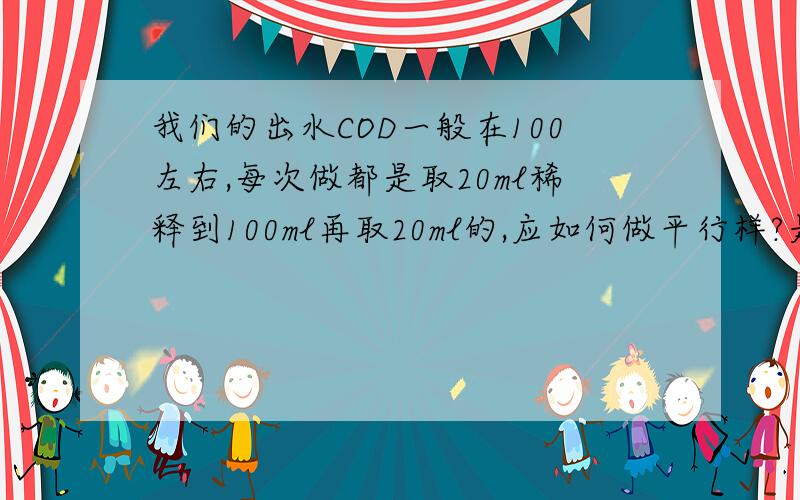 我们的出水COD一般在100左右,每次做都是取20ml稀释到100ml再取20ml的,应如何做平行样?是同时取2个20ml,分别稀释到100,分别取2个20ml做平行样?还是取1个20ml稀释到100ml后,从稀释样中取2个20ml做平行