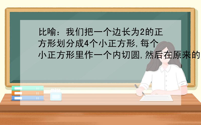 比喻：我们把一个边长为2的正方形划分成4个小正方形,每个小正方形里作一个内切圆,然后在原来的大正方形中间作一个同时外切于这4个圆的小圆 （红色标注）.我们把这个小圆叫做“中心圆