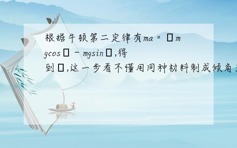 根据牛顿第二定律有ma＝μmgcosθ－mgsinθ,得到μ,这一步看不懂用同种材料制成倾角为30°的斜面和长水平面,斜面长2.4 m且固定,一小物块从斜面顶端以沿斜面向下的初速度v0开始自由下滑,当v0＝2