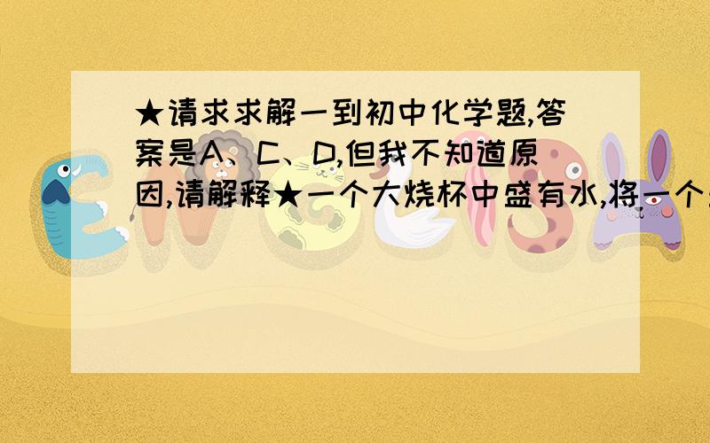 ★请求求解一到初中化学题,答案是A、C、D,但我不知道原因,请解释★一个大烧杯中盛有水,将一个盛有硝酸钾溶液（未装满）的小烧杯放入大烧杯中,水位升高但未高过小烧杯.若将少量的下列