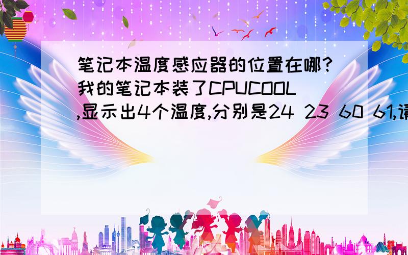 笔记本温度感应器的位置在哪?我的笔记本装了CPUCOOL,显示出4个温度,分别是24 23 60 61,请问这四个感应器都安装在什么地方啊?主板的什么位置,比方说：在cpu,内存,硬盘,等等