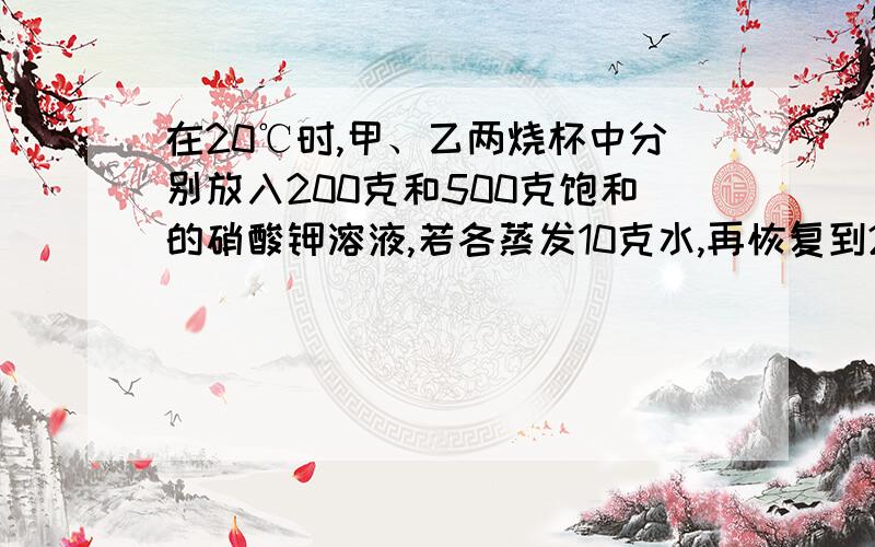 在20℃时,甲、乙两烧杯中分别放入200克和500克饱和的硝酸钾溶液,若各蒸发10克水,再恢复到20℃后,两杯