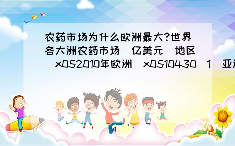 农药市场为什么欧洲最大?世界各大洲农药市场（亿美元）地区\x052010年欧洲\x0510430（1）亚洲\x0599.95（2）拉美\x0583.85（3）北美\x0579.45（4）其他\x0515.60（5）