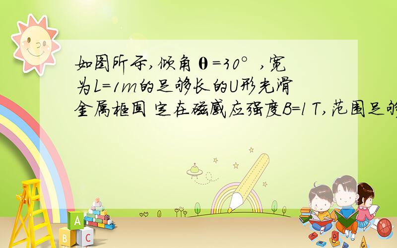 如图所示,倾角θ=30°,宽为L=1m的足够长的U形光滑金属框固 定在磁感应强度B=l T,范围足够如图所示,倾角θ=30°,宽为L=1m的足够长的U形光滑金属框固定在磁感应强度B=l T,范围足够人的匀强磁场中,