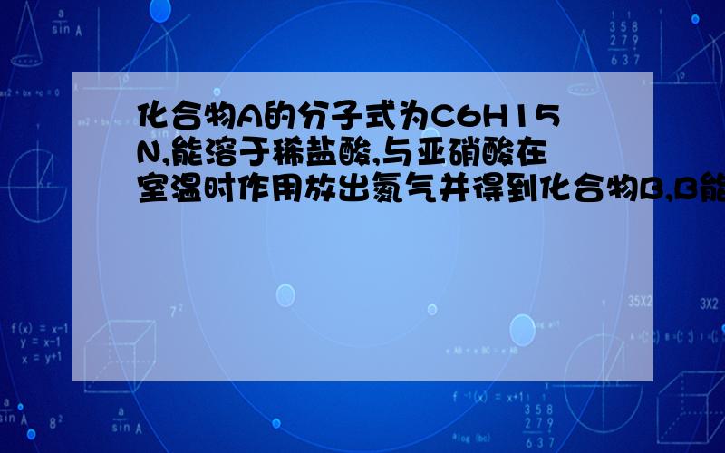 化合物A的分子式为C6H15N,能溶于稀盐酸,与亚硝酸在室温时作用放出氮气并得到化合物B,B能进行典化合物A的分子式为C6H15N,能溶于稀盐酸,与亚硝酸在室温时作用放出氮气并得到化合物B,B能进行