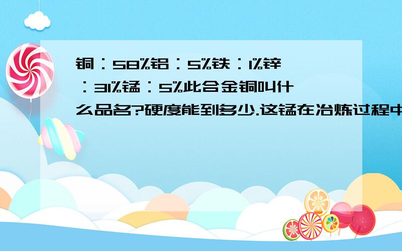 铜：58%铝：5%铁：1%锌：31%锰：5%此合金铜叫什么品名?硬度能到多少.这锰在冶炼过程中，什么时后加紧去最好，