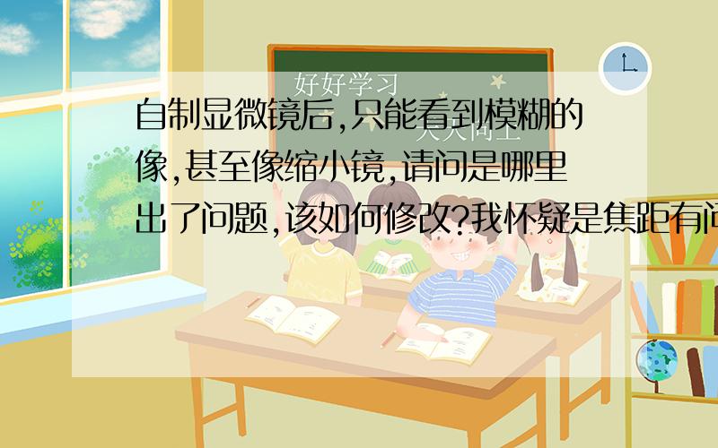 自制显微镜后,只能看到模糊的像,甚至像缩小镜,请问是哪里出了问题,该如何修改?我怀疑是焦距有问题,因为我们烧的玻璃球太小了,或者是透光性的问题.