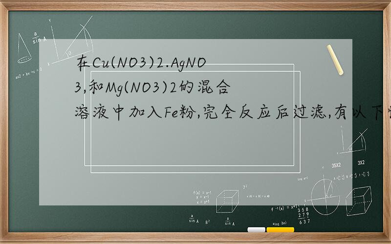 在Cu(NO3)2.AgNO3,和Mg(NO3)2的混合溶液中加入Fe粉,完全反应后过滤,有以下情况：1.若在滤液中加入稀盐酸有白色沉淀生成,则滤纸上一定有什么?2.若在滤液中加入稀盐酸有气泡产生,则滤纸上一定有