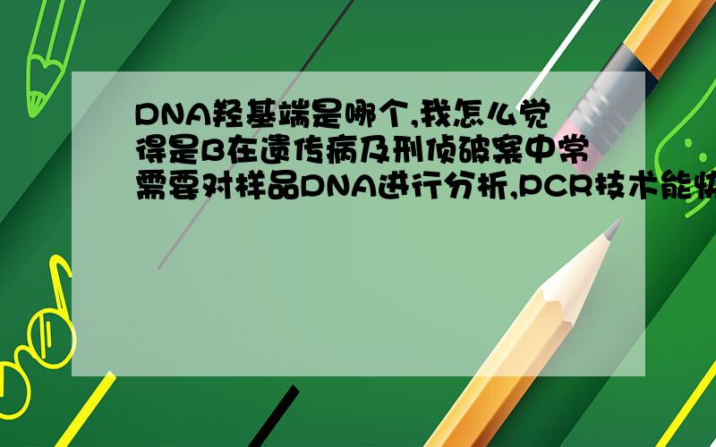 DNA羟基端是哪个,我怎么觉得是B在遗传病及刑侦破案中常需要对样品DNA进行分析,PCR技术能快速扩增DNA片段,在几个小时内复制出上百万份的DNA拷贝,有效地解决了因为样品中DNA含量太低而难以