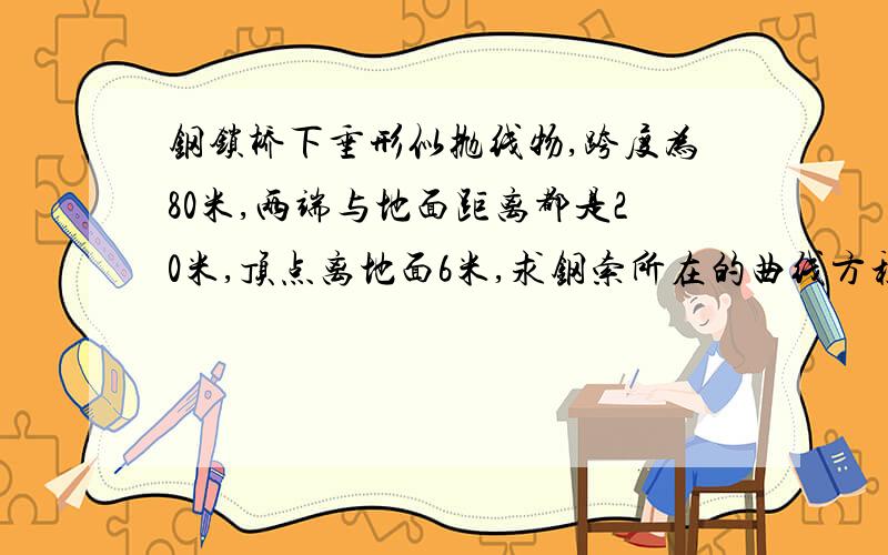 钢锁桥下垂形似抛线物,跨度为80米,两端与地面距离都是20米,顶点离地面6米,求钢索所在的曲线方程.钢锁桥下垂形似抛线物,跨度为80米,两端与地面距离都是20米,顶点离地面6米,适当建立坐标系