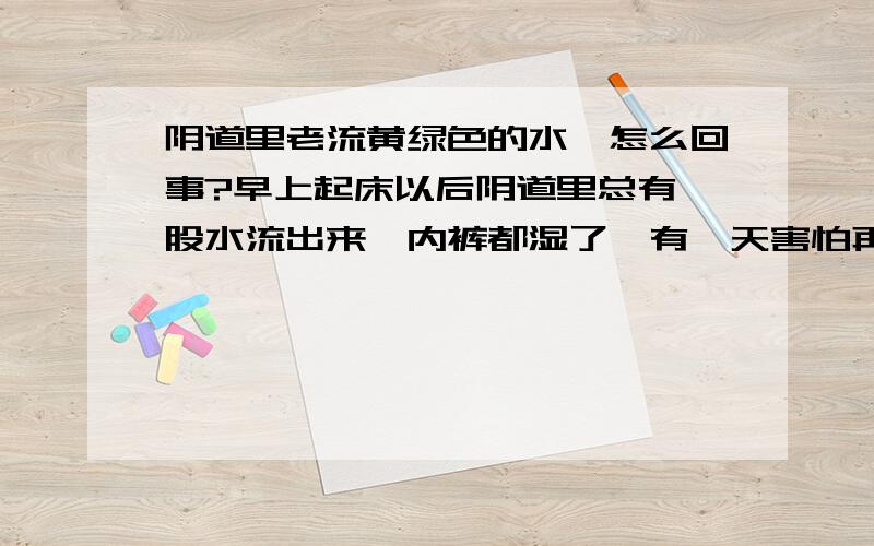 阴道里老流黄绿色的水,怎么回事?早上起床以后阴道里总有一股水流出来,内裤都湿了,有一天害怕再把内裤打湿就提前去了厕所 结果一蹲下,从阴道里就喷出一股黄绿色的水来,这是不是很严重