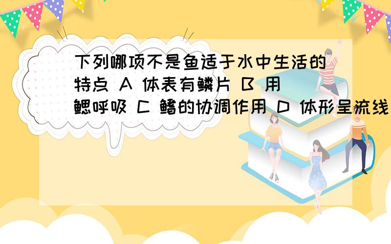 下列哪项不是鱼适于水中生活的特点 A 体表有鳞片 B 用鳃呼吸 C 鳍的协调作用 D 体形呈流线型