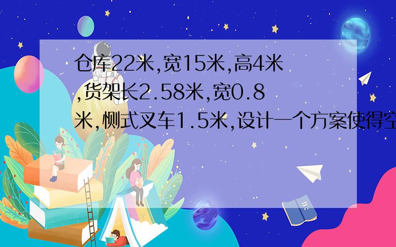 仓库22米,宽15米,高4米,货架长2.58米,宽0.8米,恻式叉车1.5米,设计一个方案使得空间利用最大化