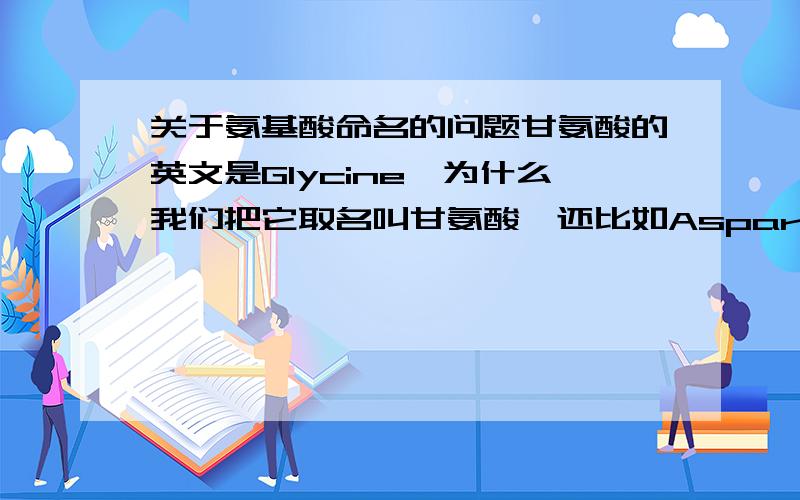 关于氨基酸命名的问题甘氨酸的英文是Glycine,为什么我们把它取名叫甘氨酸,还比如Asparticacid天冬氨酸,argine精氨酸,这是按什么方法命名的?