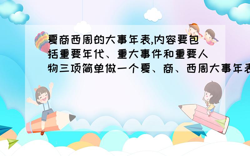 夏商西周的大事年表,内容要包括重要年代、重大事件和重要人物三项简单做一个夏、商、西周大事年表,内容要包括重要年代、重大事件和重要人物三项.