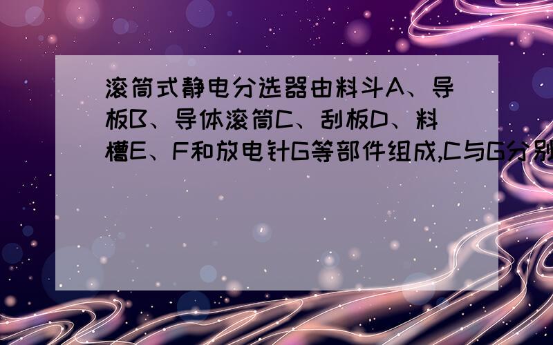 滚筒式静电分选器由料斗A、导板B、导体滚筒C、刮板D、料槽E、F和放电针G等部件组成,C与G分别接于直流高压电源的正、负极,并令C接地,如图5-4所示,电源电压很高,足以使放电针G附近的空气发