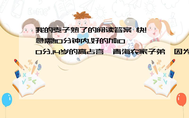 我的麦子熟了的阅读答案 快!急需!10分钟内.好的加100分.14岁的高占喜,青海农家子弟,因为湖南卫视的《晚间》,他和城市的一个叫魏程的富家少年互换了7天人生,节目打出了议题：7天之后,高占