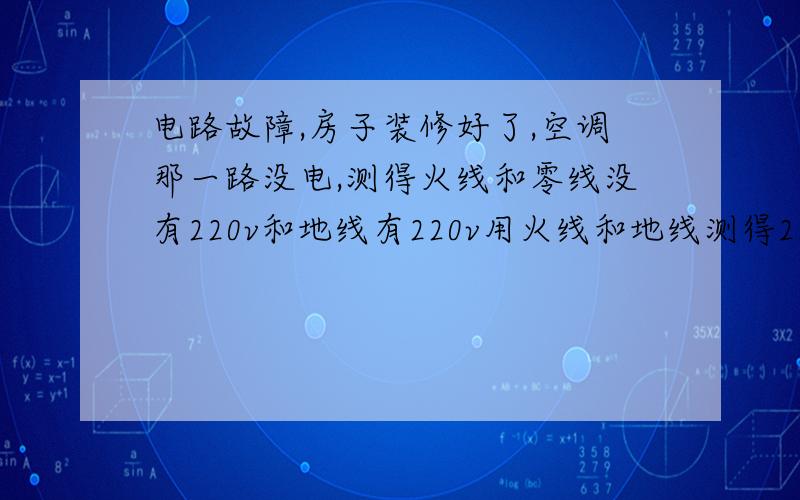 电路故障,房子装修好了,空调那一路没电,测得火线和零线没有220v和地线有220v用火线和地线测得220v,但是用上用电器立即跳闸,其他线路火线和零线测得220v,火线和地线测得也是220v,其他线路用