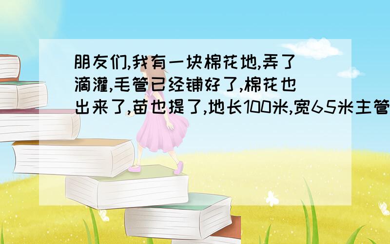 朋友们,我有一块棉花地,弄了滴灌,毛管已经铺好了,棉花也出来了,苗也提了,地长100米,宽65米主管道怎么样铺才好,水泵用几寸的,《最好是用拖拉机的》主管道用90的还是75的,我现在买了75的200