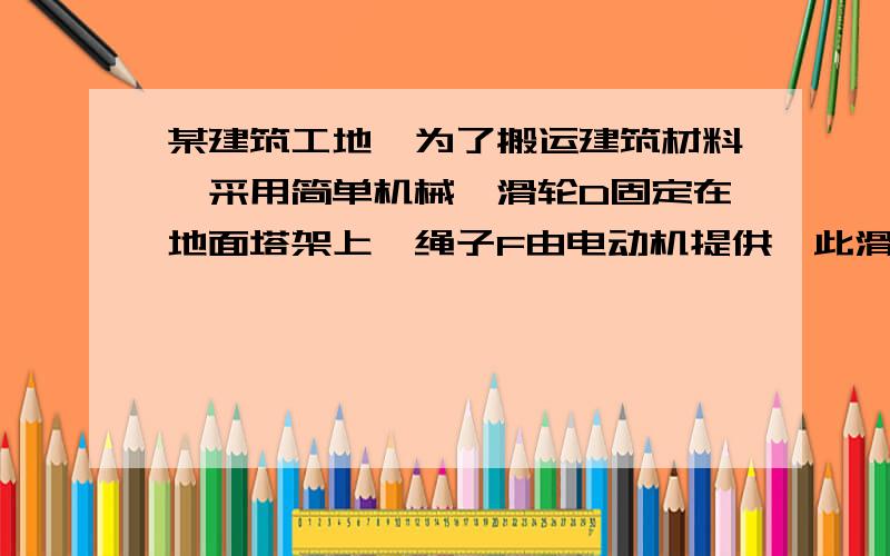 某建筑工地,为了搬运建筑材料,采用简单机械,滑轮D固定在地面塔架上,绳子F由电动机提供,此滑轮组在1分钟内将质量0.45吨的建筑材料m1,匀速提起12m时机械效率为X,滑轮组滚率为P1,当用该滑轮