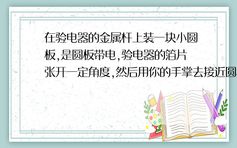 在验电器的金属杆上装一块小圆板,是圆板带电,验电器的箔片张开一定角度,然后用你的手掌去接近圆板,你会发现拨片的张角变小了；当手掌移远时.张角又变怎么解释这一现象