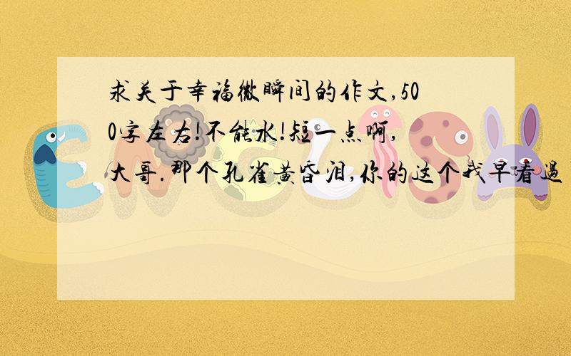 求关于幸福微瞬间的作文,500字左右!不能水!短一点啊,大哥.那个孔雀黄昏泪,你的这个我早看过了,换个吧.