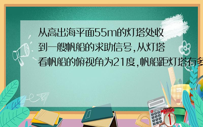 从高出海平面55m的灯塔处收到一艘帆船的求助信号,从灯塔看帆船的俯视角为21度,帆船距灯塔有多远?