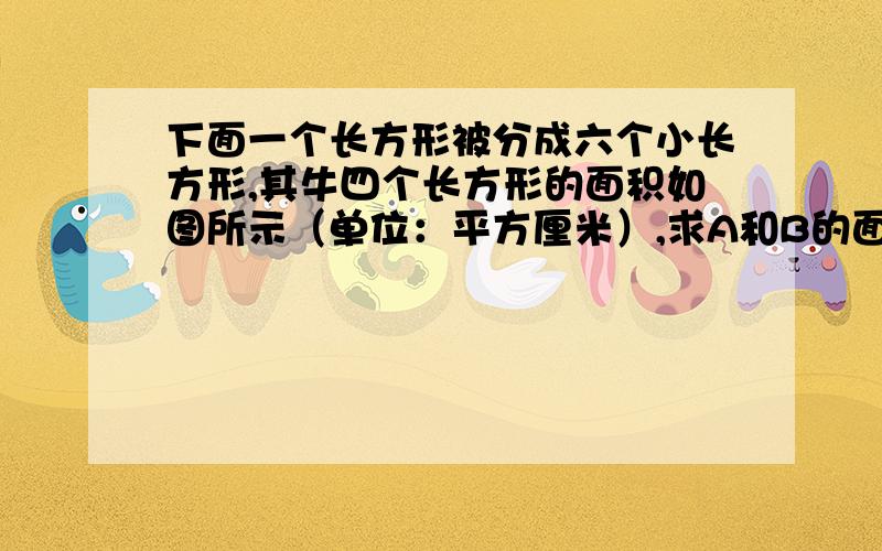 下面一个长方形被分成六个小长方形,其牛四个长方形的面积如图所示（单位：平方厘米）,求A和B的面积.