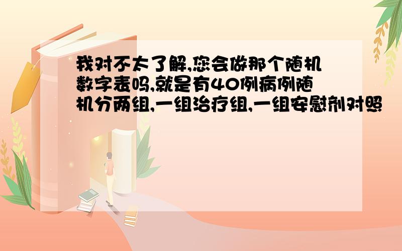 我对不太了解,您会做那个随机数字表吗,就是有40例病例随机分两组,一组治疗组,一组安慰剂对照