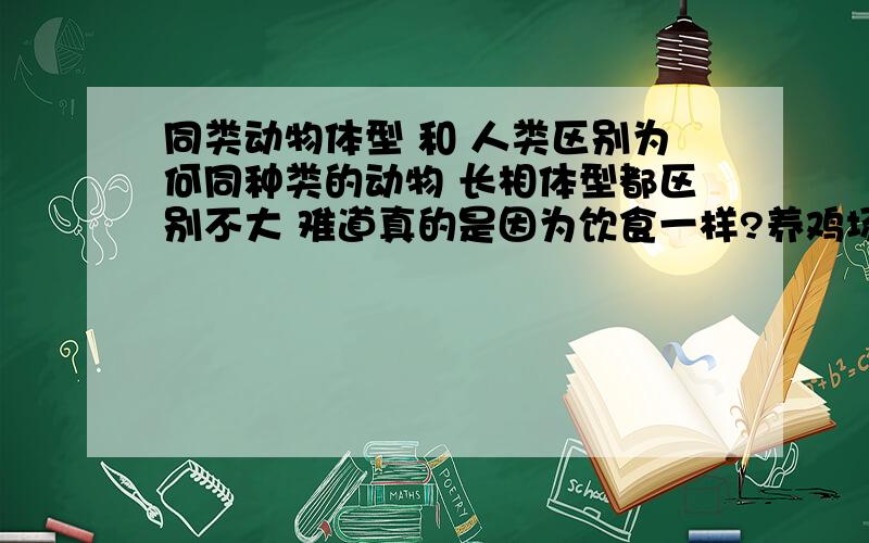 同类动物体型 和 人类区别为何同种类的动物 长相体型都区别不大 难道真的是因为饮食一样?养鸡场100支鸡几乎没大的区别.野生的牛群.羊群.也都一样相似.养猪场100头猪也是每个都一样.而且