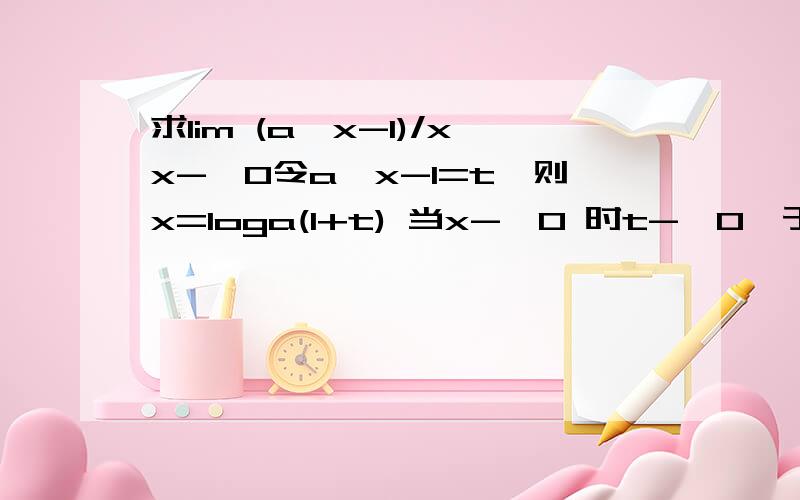 求lim (a^x-1)/xx->0令a^x-1=t,则x=loga(1+t) 当x->0 时t->0,于是lim (a^x-1)/x=lim t/loga(1+t)=lnax->0 x->0 lim t/loga(1+t)=lnax->0 这一步是怎么变换的?