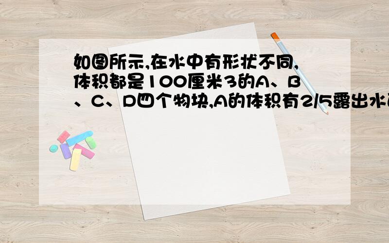 如图所示,在水中有形状不同,体积都是100厘米3的A、B、C、D四个物块,A的体积有2/5露出水面,D的底面与容器底紧密贴合,求各个物块所受的浮力.【注意是全部!是各】图不用也没事的