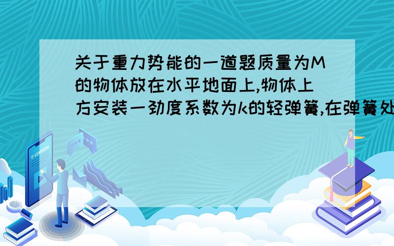 关于重力势能的一道题质量为M的物体放在水平地面上,物体上方安装一劲度系数为k的轻弹簧,在弹簧处于原长时,用手拉着其上端P点很缓慢地向上移动,直到物体脱离地面向上移动一段距离.在