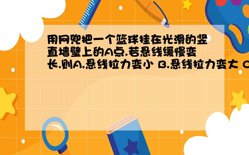 用网兜把一个篮球挂在光滑的竖直墙壁上的A点.若悬线缓慢变长.则A.悬线拉力变小 B.悬线拉力变大 C.球对墙的压力变大 D.球对墙的压力不变