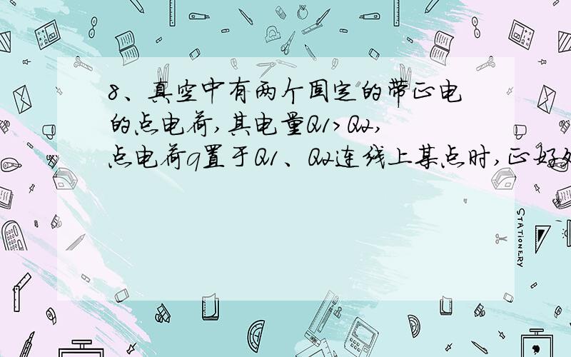 8、真空中有两个固定的带正电的点电荷,其电量Q1＞Q2,点电荷q置于Q1、Q2连线上某点时,正好处于平衡,则A．q一定是正电荷 B．q一定是负电荷C．q一定在连线的中点 D．q离Q2比离Q1近