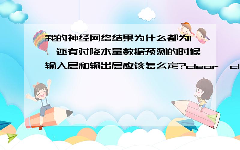 我的神经网络结果为什么都为1,还有对降水量数据预测的时候输入层和输出层应该怎么定?clear,clcT1=[70.67 65.49 61.22;65.49 61.22 59.53; 61.22 59.53 73.82 ;59.53 73.82 53.79;73.82 53.79 62.86; 53.79 62.86 50.94; 62.86 50