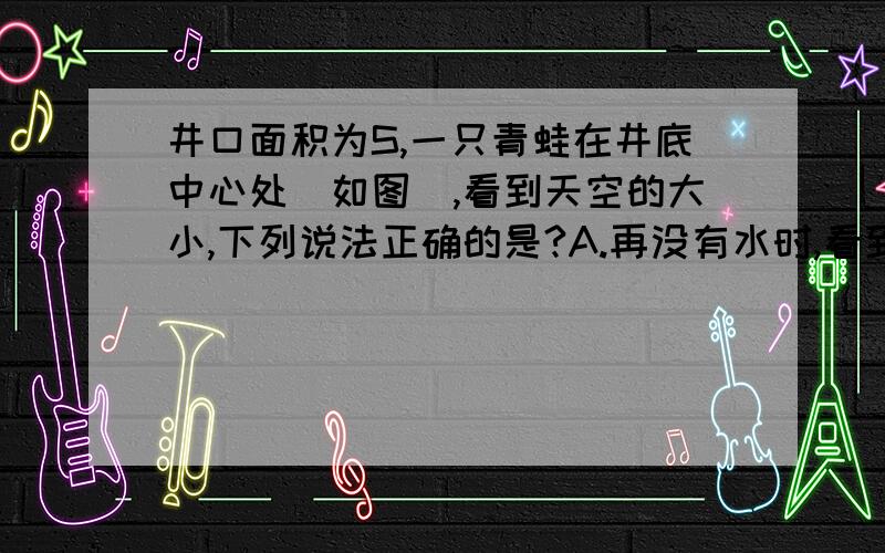 井口面积为S,一只青蛙在井底中心处（如图）,看到天空的大小,下列说法正确的是?A.再没有水时,看到天空的大小为SB.在满井水时,看到的天空大于SC.以上两种情况下,看到天空的大小均为SD.水浅