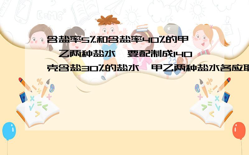 含盐率5%和含盐率40%的甲、乙两种盐水,要配制成140克含盐30%的盐水,甲乙两种盐水各应取多少含盐率5%和含盐率40%的甲、乙两种盐水,要配制成140克含盐30%的盐水,甲乙两种盐水各应取多少克?如