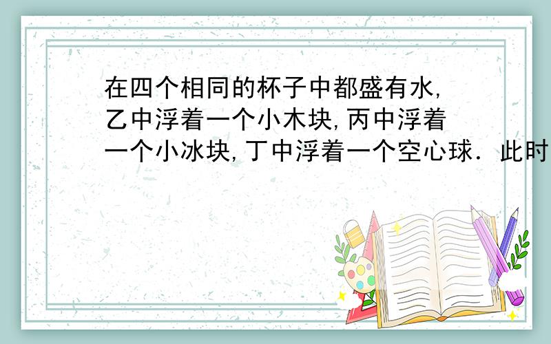 在四个相同的杯子中都盛有水,乙中浮着一个小木块,丙中浮着一个小冰块,丁中浮着一个空心球．此时,四个杯子中的水面等高,下列说法正确的是（?）A．每个杯的总质量是相同的B．在乙杯中