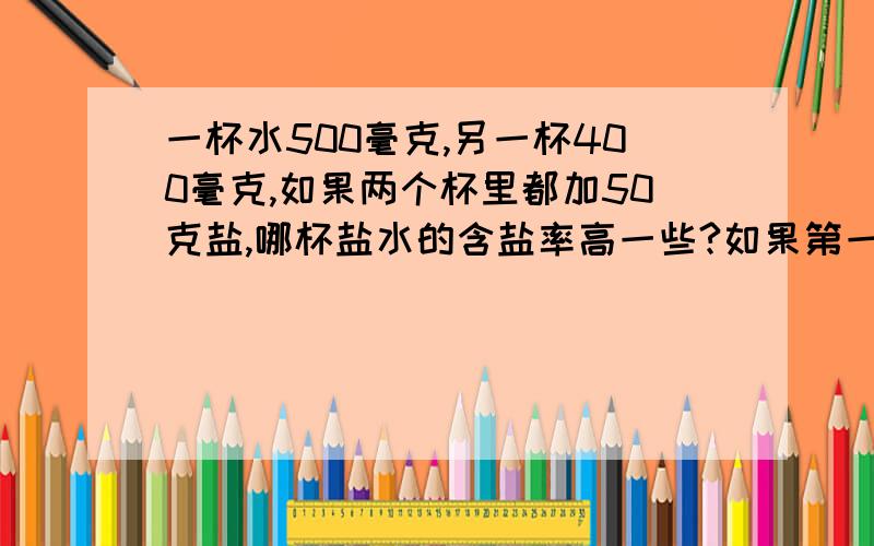 一杯水500毫克,另一杯400毫克,如果两个杯里都加50克盐,哪杯盐水的含盐率高一些?如果第一杯水加80克盐,另一杯水加60克盐,哪杯盐水咸一些?注意单位变换,毫克和克,谢谢!满意的话还会多给分