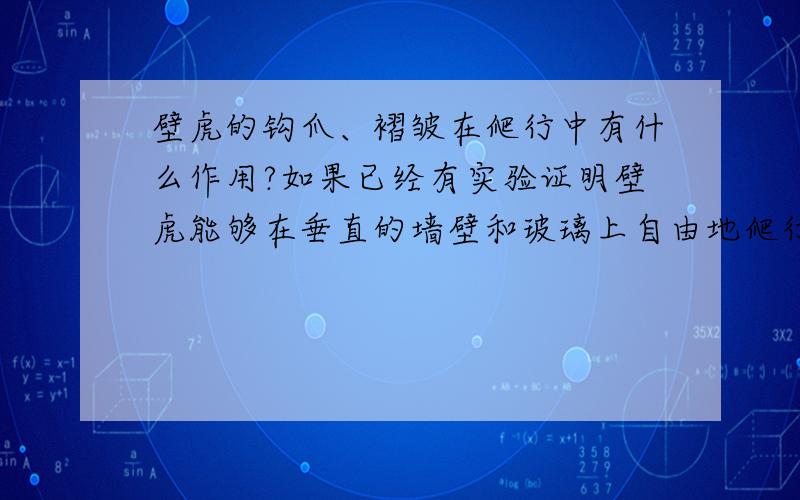 壁虎的钩爪、褶皱在爬行中有什么作用?如果已经有实验证明壁虎能够在垂直的墙壁和玻璃上自由地爬行是与壁虎的足有钩爪、有长满白毛的褶皱两个结构有重要关系.如何设计一个实验,分别