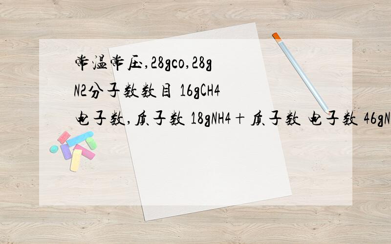 常温常压,28gco,28gN2分子数数目 16gCH4电子数,质子数 18gNH4+质子数 电子数 46gNO2气体所含氧原子数