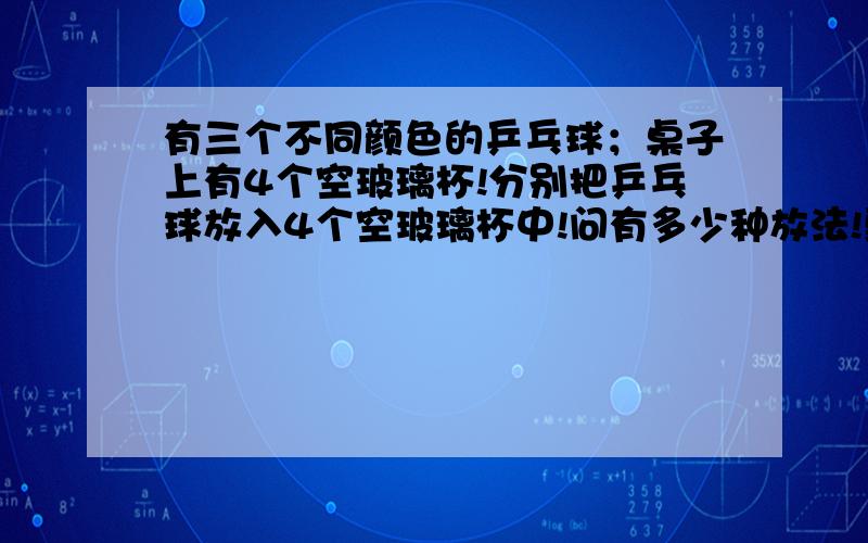 有三个不同颜色的乒乓球；桌子上有4个空玻璃杯!分别把乒乓球放入4个空玻璃杯中!问有多少种放法!弱弱的说一句!貌似可以三个球放一个杯子里；请给答案