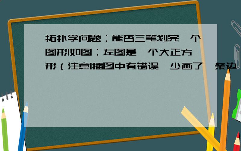 拓扑学问题：能否三笔划完一个图形!如图：左图是一个大正方形（注意!插图中有错误,少画了一条边）内套一个小正方形,四个顶点相接.一共是12条边,（注意!插图中有错误,少画了一条边）请