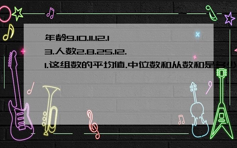 年龄9.10.11.12.13.人数2.8.25.12.1.这组数的平均值.中位数和从数和是多少?