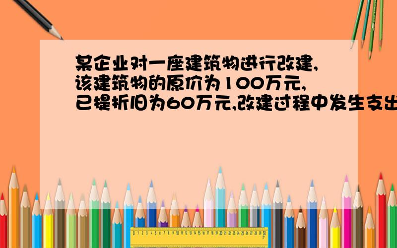 某企业对一座建筑物进行改建,该建筑物的原价为100万元,已提折旧为60万元,改建过程中发生支出30万元,取得变价收入为5万元,该建筑物改建后的入帐价值为多少万元?